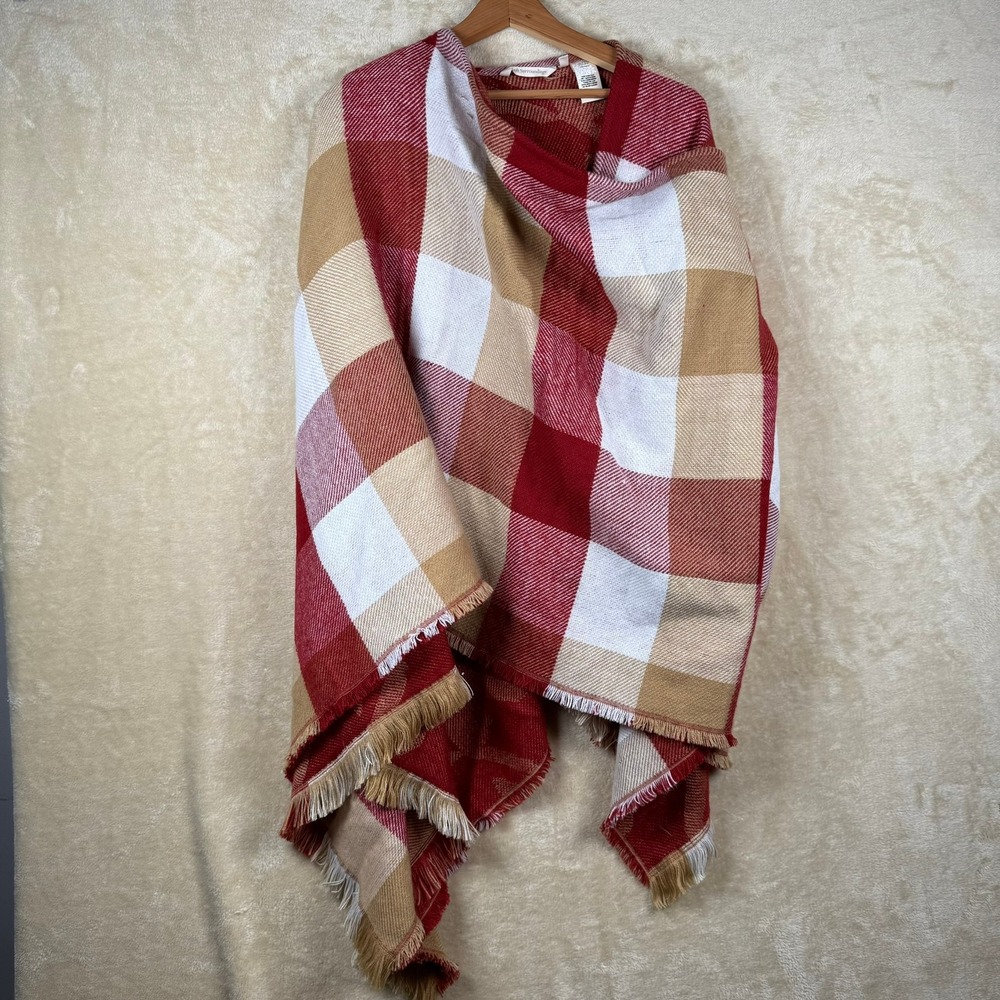 Soft Surroundings Buffalo‎ Wrap Poncho Red Combo Plaid Shawl Blanket One Size